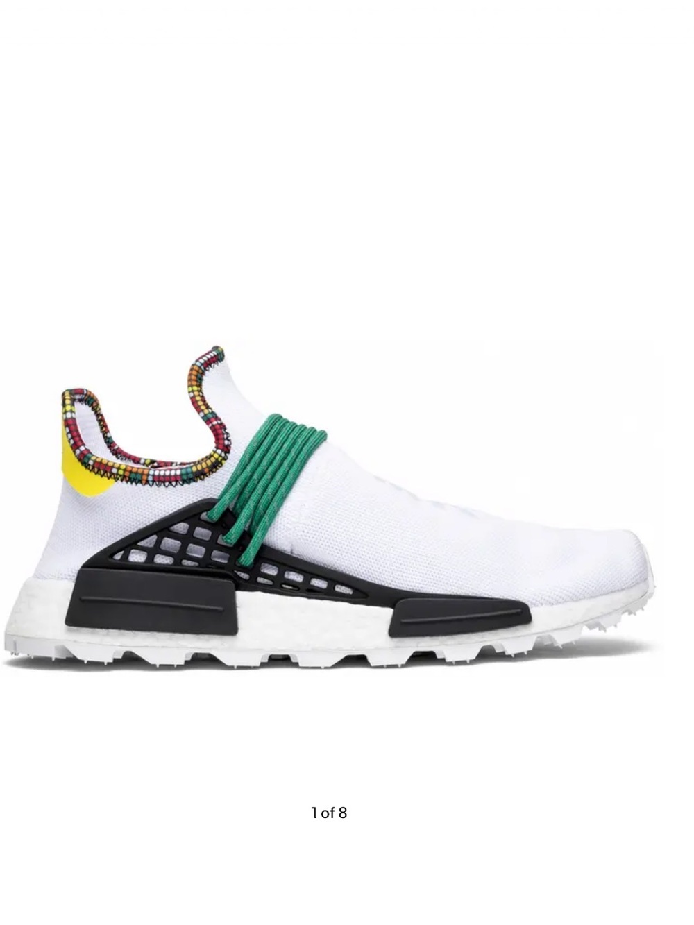 adidas White & Black NMD Hu Sneakers with Green Laces and Yellow Heel